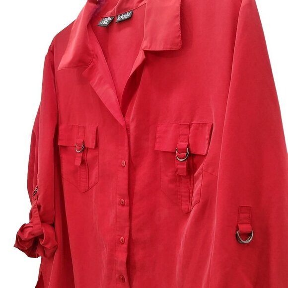 Rafaella Womens Red Button-Down Shirt 3X With Adjustable Sleeves & Front Pockets - Picture 5 of 7